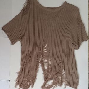 Distressed Ribbed Knit Top in Brown Women Size L